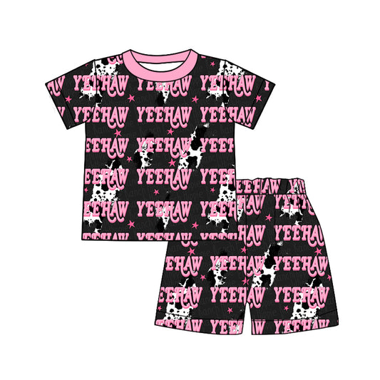 Preorder (moq 5)Baby Girls Cow Print Lights Yeehaw Top Shorts Western Pajamas Sets