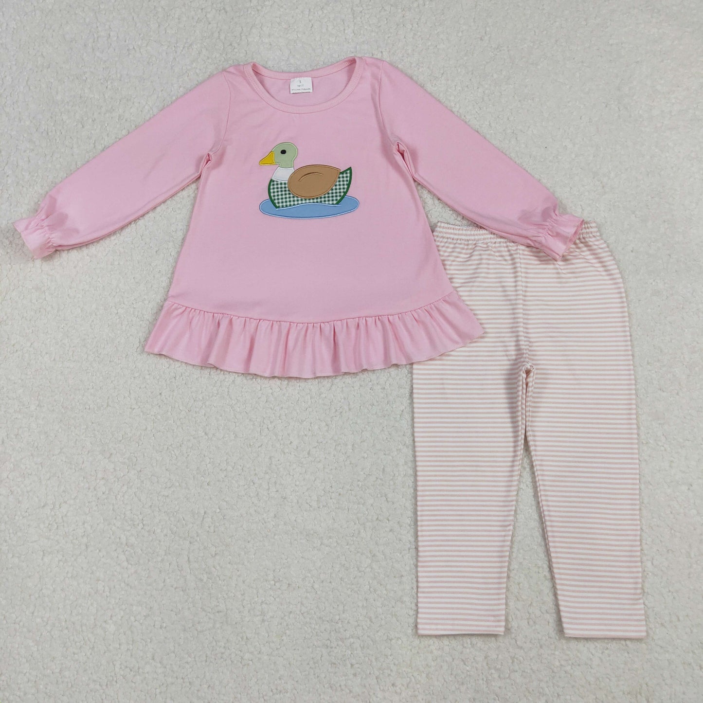 Embroidery Ducks Baby Girls Pink Tunic Stripe Leggings Pant Clothes Set