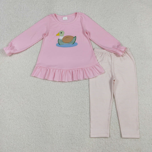 Embroidery Ducks Baby Girls Pink Tunic Stripe Leggings Pant Clothes Set