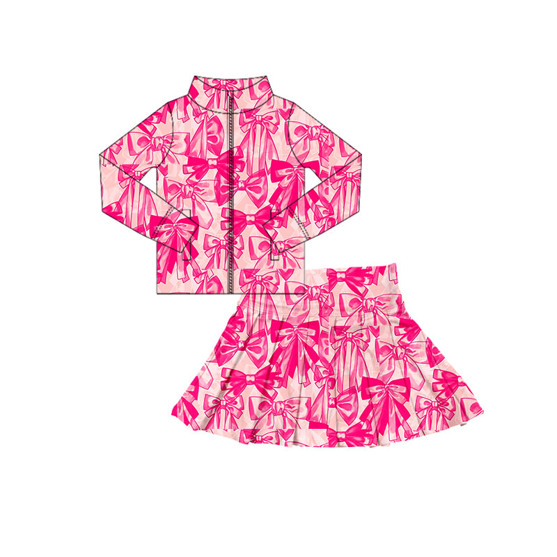 Preorder (moq 5)Baby Girls Hot Pink Bows Plaid Zipper Pockets Jackets Top Skorts Yoga Set