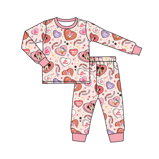 Baby Girls Pink Valentines Cartoon Hearts Shirt Top Pants Pajamas Sets preorder(MOQ 5)