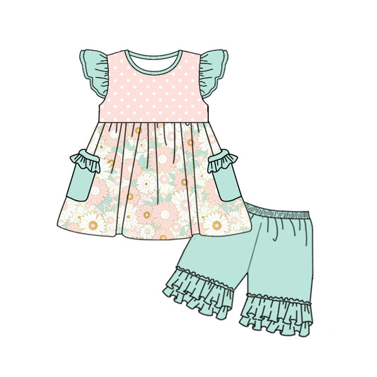 Baby Girls Flowers Pockets Tunic Top Ruffle Shorts Clothes Sets preorder (moq 5)