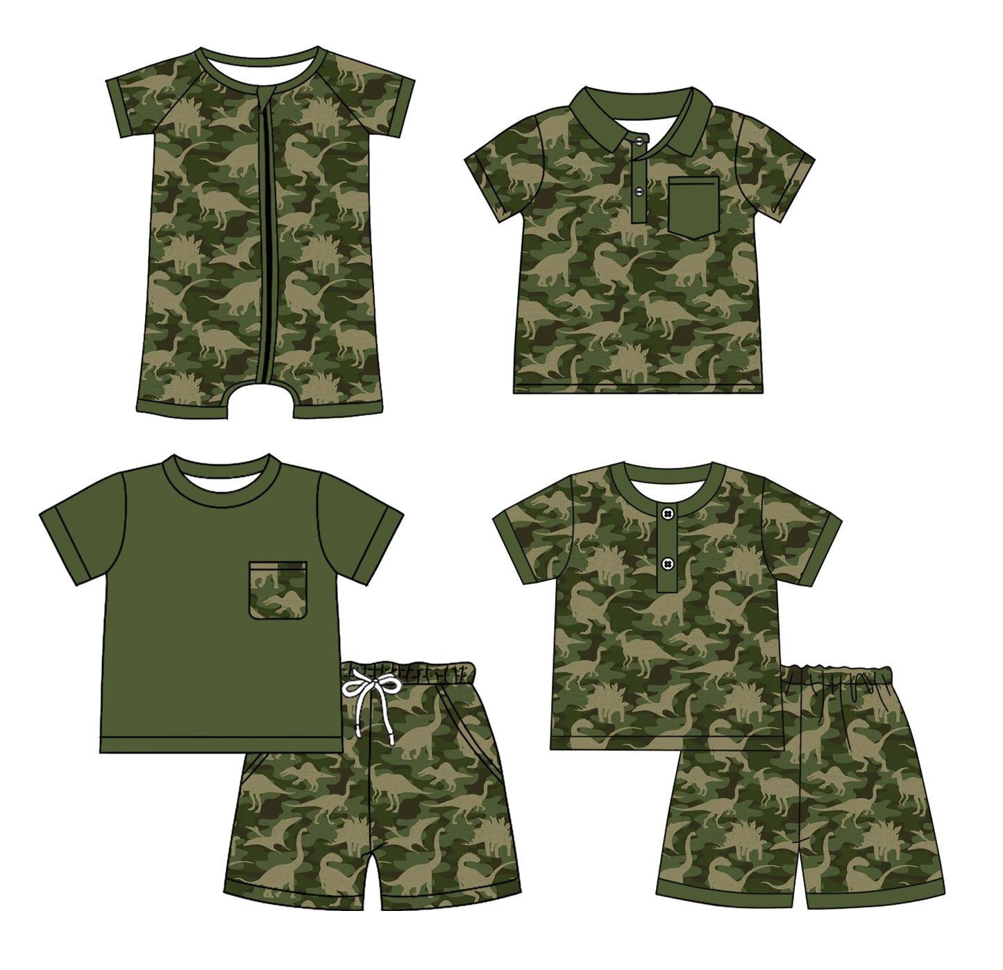 Preorder moq 5 Custom Baby Boys Short Sleeves Olive Camo Dinosaurs Top Short Sets Polo Shirts And Rompers