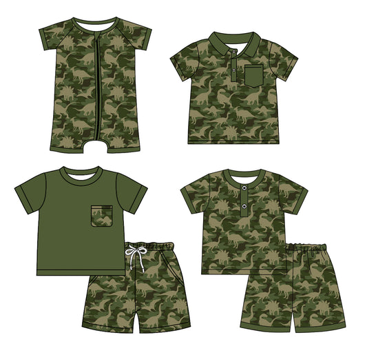 Preorder moq 5 Custom Baby Boys Short Sleeves Olive Camo Dinosaurs Top Short Sets Polo Shirts And Rompers