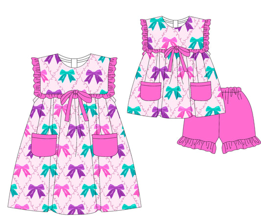 Preorder moq 5 Custom Baby Girls Hot Pink Colorful Bows Pockets Tunic Ruffle Short Set Knee Length Dresses
