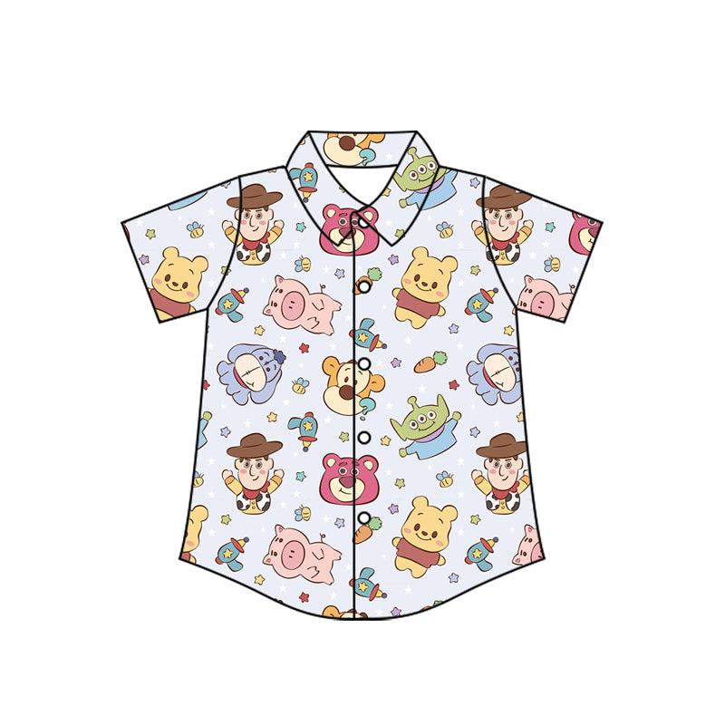 Preorder (moq 5)Baby Boys Short Sleeve Cartoon Dolls Animals Button Shirts Top