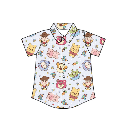 Preorder (moq 5)Baby Boys Short Sleeve Cartoon Dolls Animals Button Shirts Top