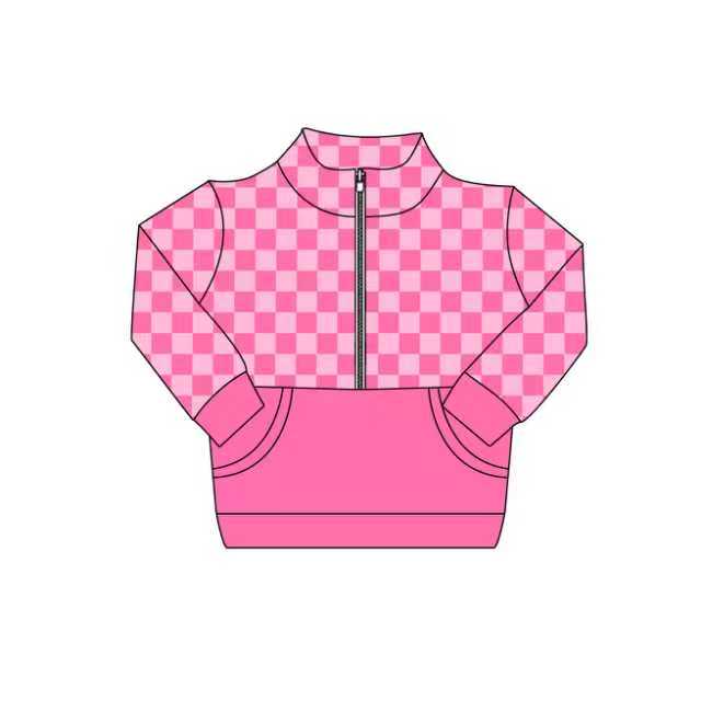 Preorder (moq 5)Baby Girls Pink Checked Zipper Pockets Long Sleeves Pullovers Tops