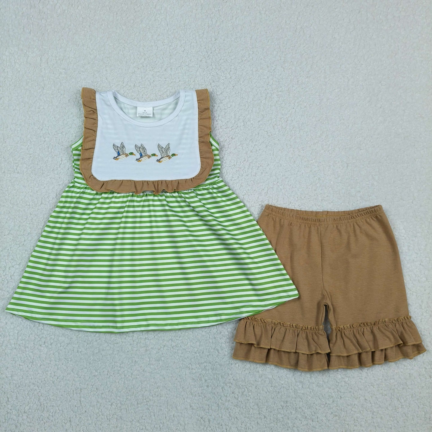 Embroidery Ducks Baby Girls Sleeveless Stripe Tunic Ruffle Short Clothes Sets