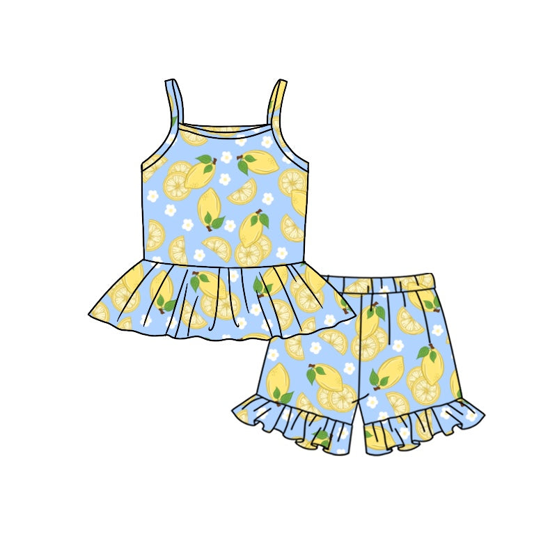Baby Girls Lemon Flowers Straps Top Ruffle Shorts Clothes Sets preorder (moq 5)