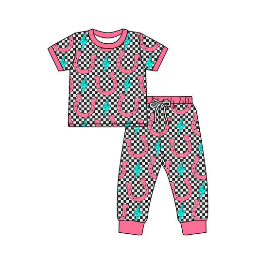 Baby Girls Western Howdy Checkered Short Sleeve Shirt Pants Pajamas Clothing Sets Preorder(moq 5)