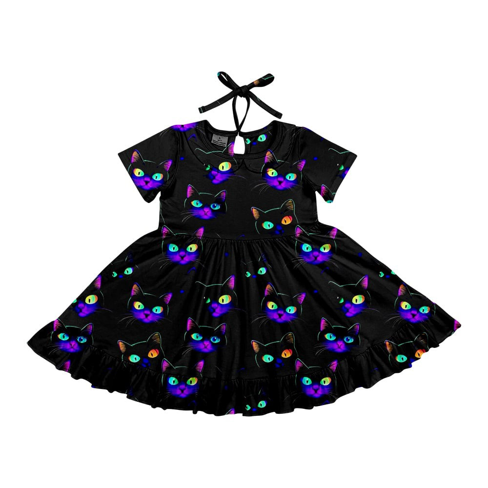 Preorder (moq 5)Baby Girls Halloween Cats Twirl Knee Length Dresses