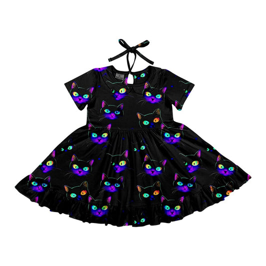 Preorder (moq 5)Baby Girls Halloween Cats Twirl Knee Length Dresses