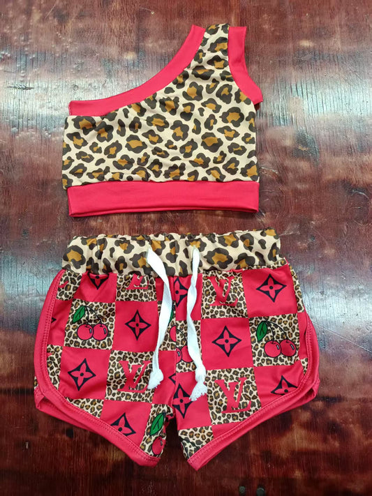 Preorder moq 5 Baby Girls One Shoulder Leopard Vest Top Cherry Plaid Short Sets