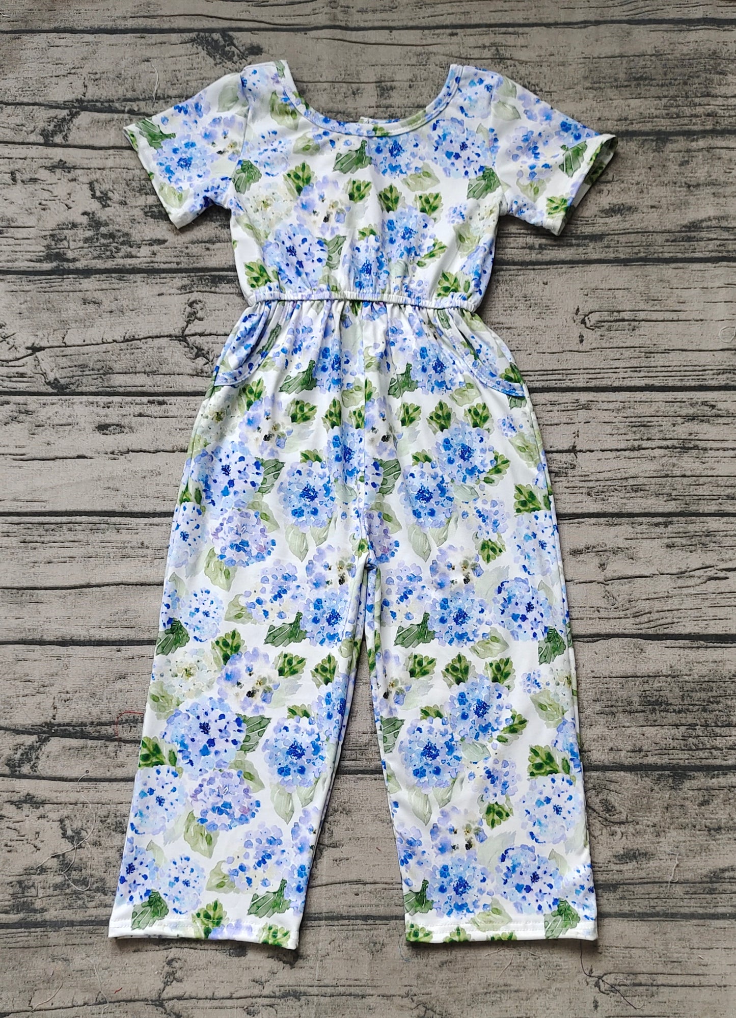 Baby Girls Blue Flowers Short Sleeve Pockets Pants Jumpsuits