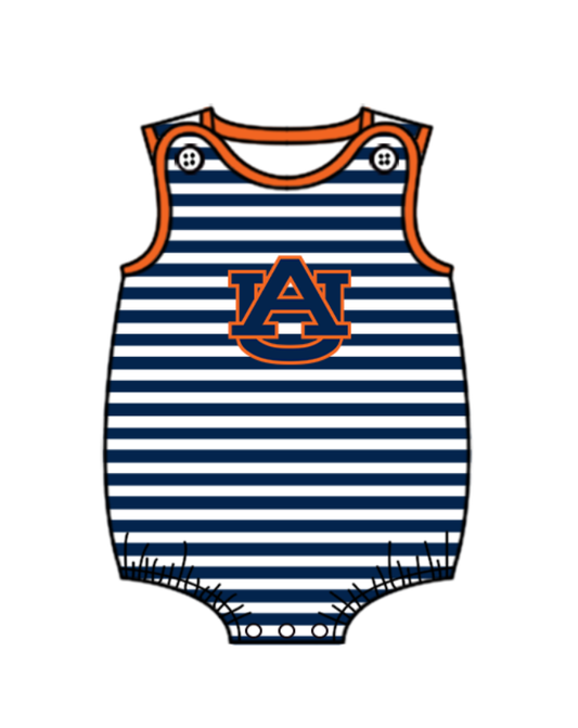 Preorder (moq 5)Baby Boys Sleeveless Navy Strip Auburn Tigers Team Rompers