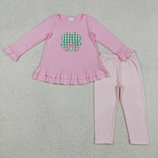 Embroidery Bow Clovers Baby Girls Tunic Stripe Leggings St Patrick Clothes Sets