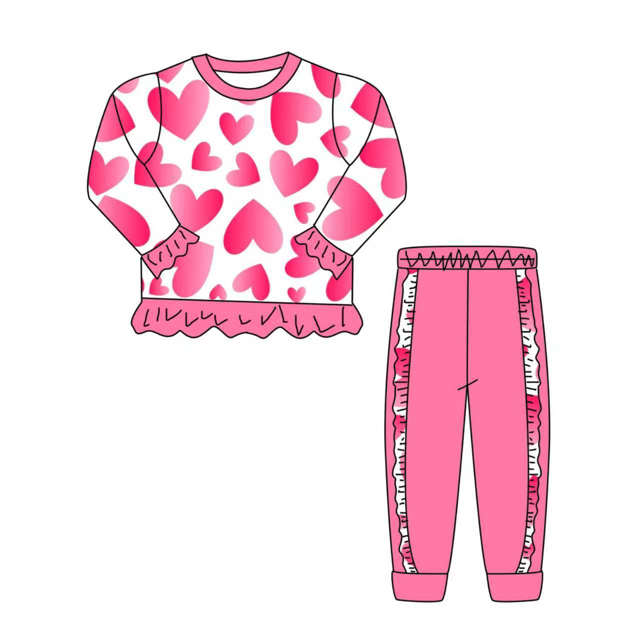 Preorder (moq 5)Baby Girls Pink Hearts Ruffle Top Jogger Pants Valentines Clothes Sets
