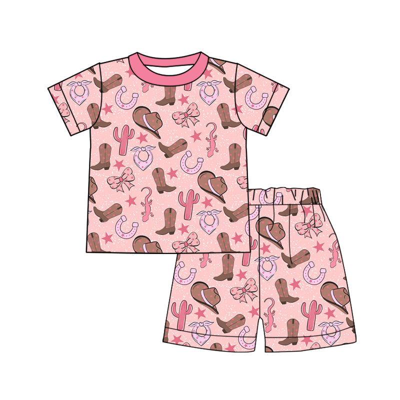 Preorder (moq 5)Baby Girls Hats Boots Cactus Top Shorts Western Pajamas Sets