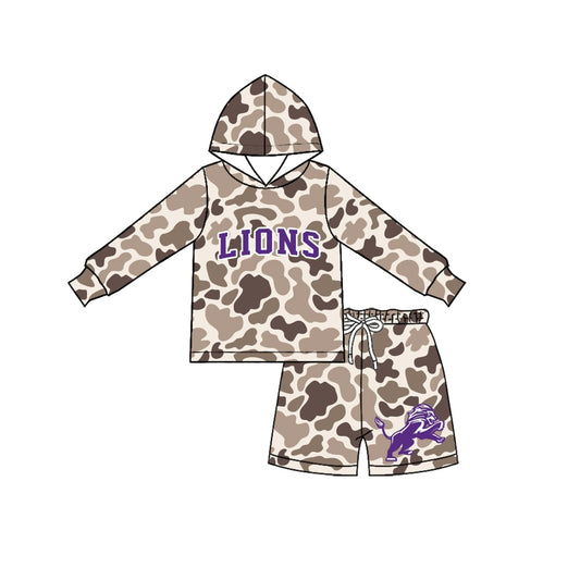 Preorder (moq 5) Baby Boys Khaki Camo Lions Hoodies Shorts Team Clothes Sets