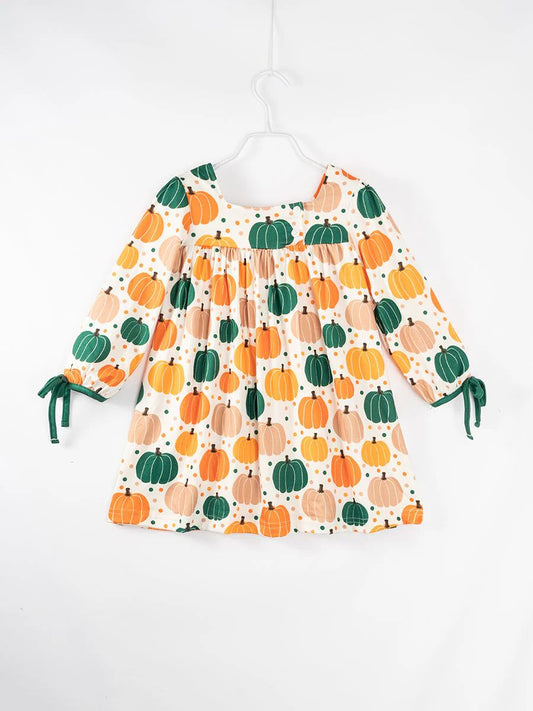 Baby Girls Fall Green Pumpkins Knee Length Dresses Preorder(moq 5)