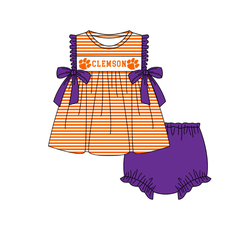 Preorder (moq 5)Baby Girls Sleeveless Clemson Orange Stripe Tunic Bummies Team Clothes Sets