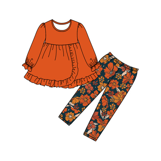 Baby Girls Fall Orange Ruffle Tunic Floral Legging Clothes Sets Preorder(moq 5)