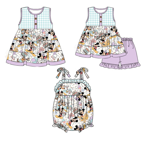 Preorder(moq 5 each)Sibling Baby Girls Cartoon Birthday Mouse Checkered Summer Romper Dress Shorts Sets