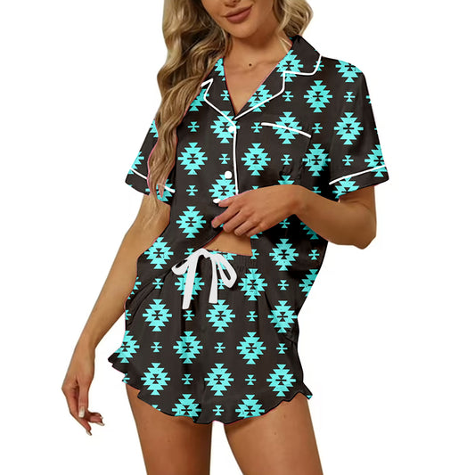 Preorder moq 5 Adult Women Western Aztec Button Pocket Top Short Pajamas