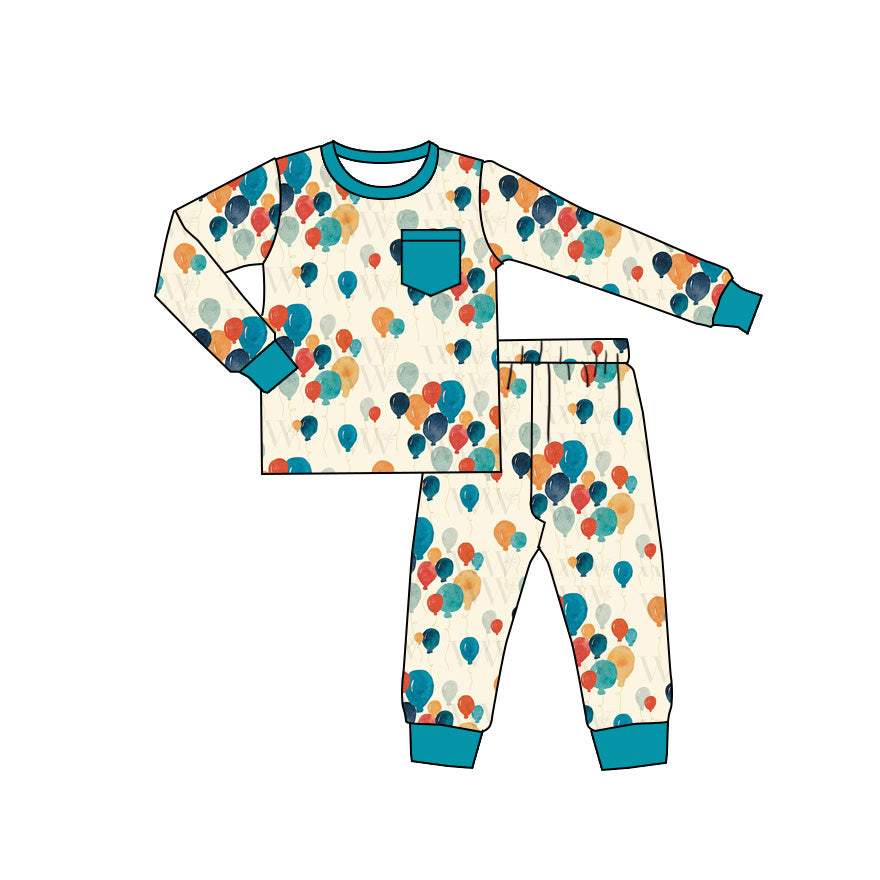 Preorder (moq 20)Baby Boys Bamboo Colorful Balloons Pocket Happy Now Year Pajamas Sets