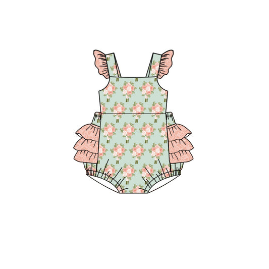 Preorder(moq 5)Baby Infant Girls Green Pink Flowers Ruffles Rompers
