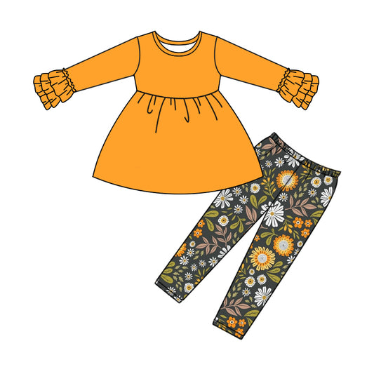 Baby Girls Fall Orange Tunic Grey Flowers Legging Clothes Sets Preorder(moq 5)