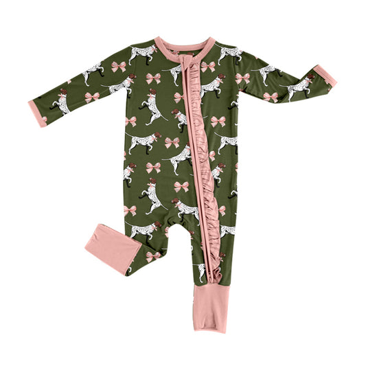 Infant Baby Girls Green Dogs Bows Zip Rompers preorder(moq 5)