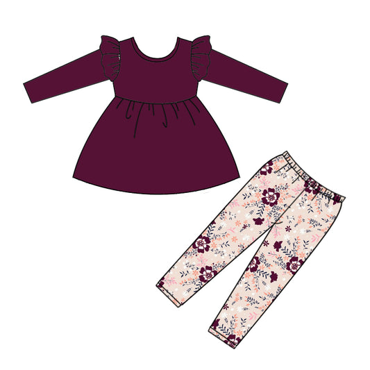 Baby Girls Fall Wine Tunic Pink Flowers Legging Clothes Sets Preorder(moq 5)
