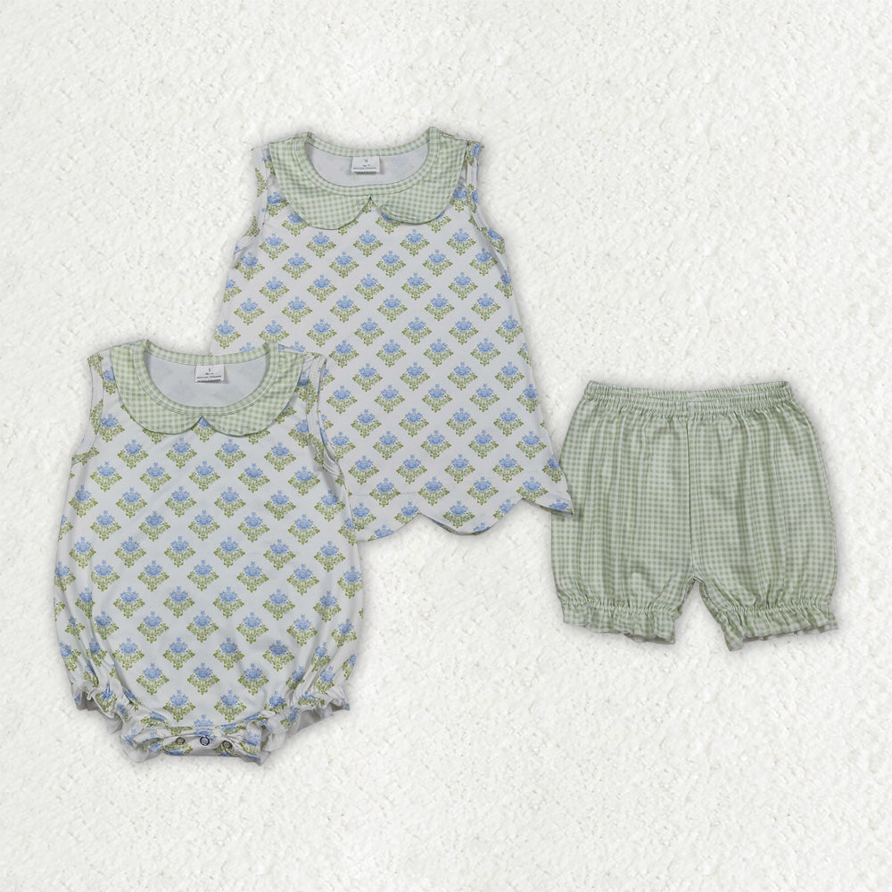Sibling Baby Girls Flowers Checked Collar Scallop Tunic Ruffle Short Clothes Set Rompers