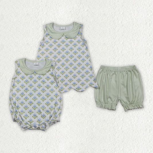 Sibling Baby Girls Flowers Checked Collar Scallop Tunic Ruffle Short Clothes Set Rompers