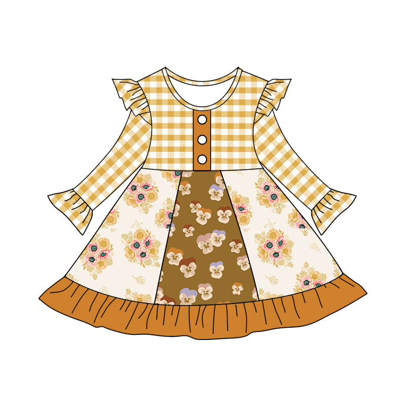 Baby Girls Fall Mustard Checkered Floral Ruffle Knee Length Dresses Preorder(moq 5)