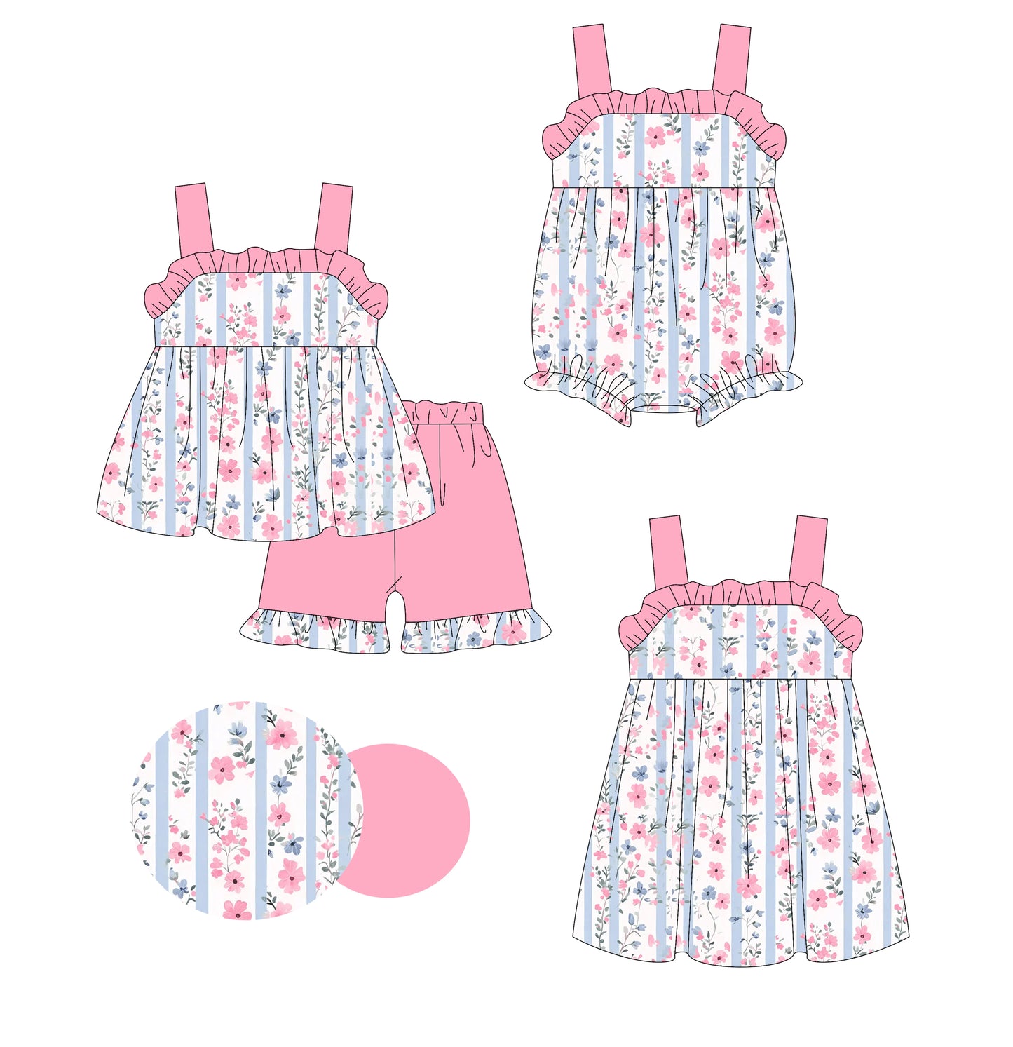 Preorder moq 5 Custom Baby Girls Pink Strap Floral Stripe Tunic Ruffle Short Set Knee Length Dress And Rompers