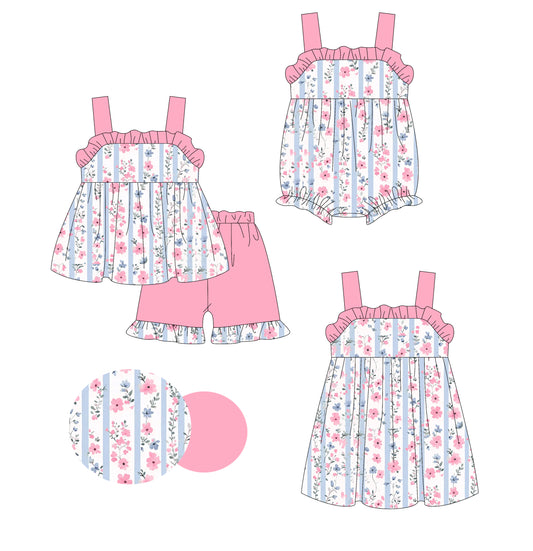 Preorder moq 5 Custom Baby Girls Pink Strap Floral Stripe Tunic Ruffle Short Set Knee Length Dress And Rompers