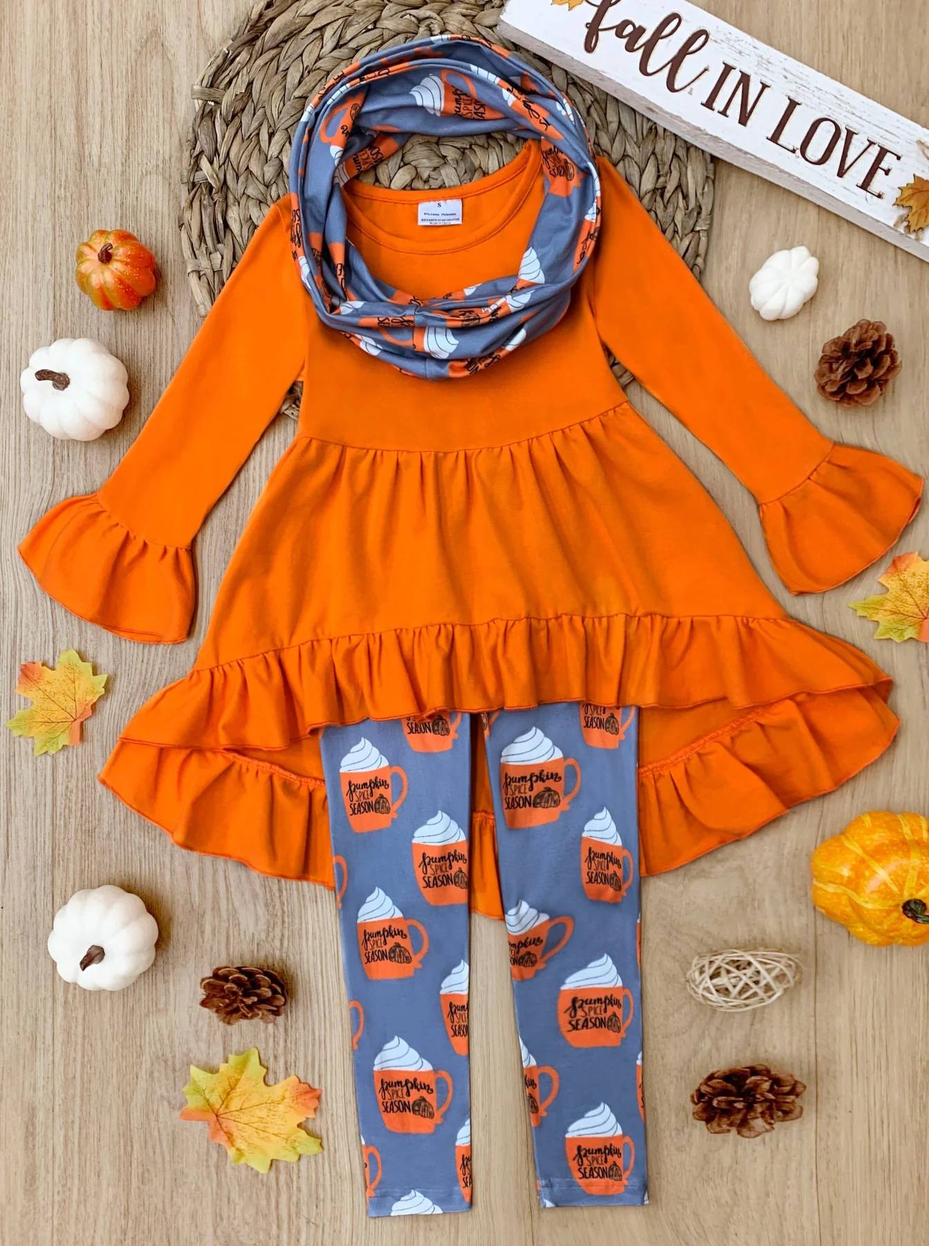 Baby Girls Orange Hi-low Tunic Top Coffee Legging Scarf 3pcs Clothes Sets Preorder(moq 5)