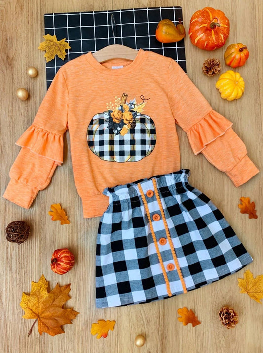 Baby Girls Pumpkin Ruffle Top Checkered Skirts Clothes Sets Preorder(moq 5)