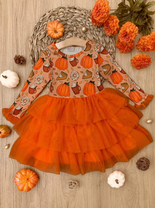 Baby Girls Pumpkin Long Sleeve Tutu Knee Length Dresses Preorder(moq 5)