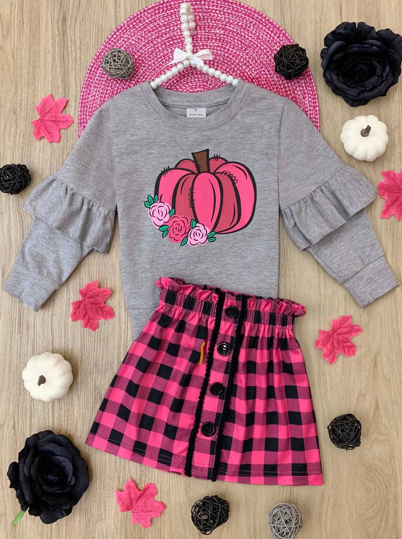 Baby Girls Pumpkin Ruffle Top Pink Checkered Skirts Clothes Sets Preorder(moq 5)