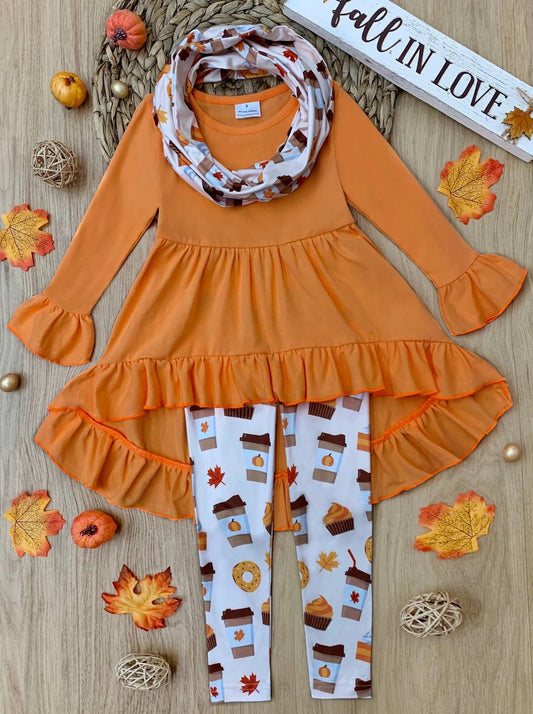 Baby Girls Orange Hi-low Tunic Top Coffee Leaves Legging Scarf 3pcs Clothes Sets Preorder(moq 5)