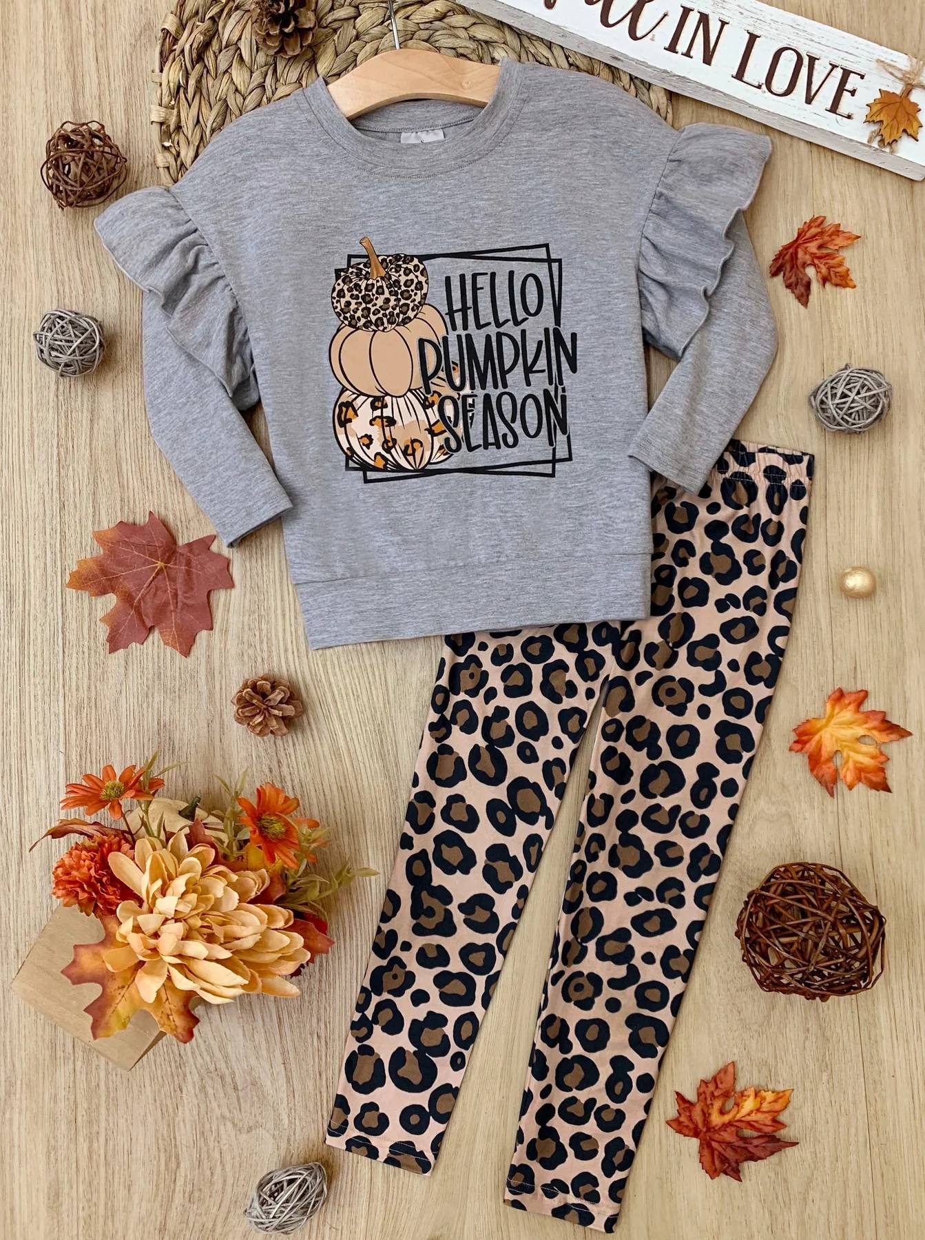 Baby Girls Hello Pumpkin Season Top Leopard Legging Clothes Sets Preorder(moq 5)