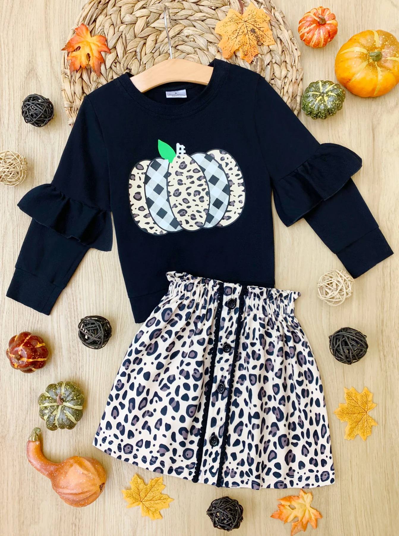 Baby Girls Pumpkin Ruffle Top Leopard Skirts Clothes Sets Preorder(moq 5)