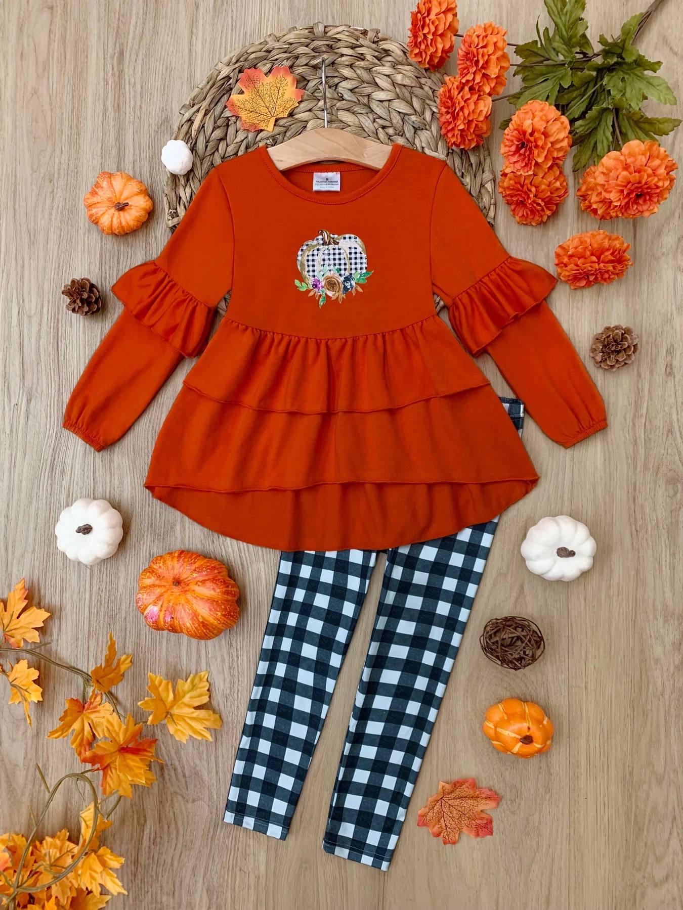 Baby Girls Pumpkin Ruffle Tunic Checkered Legging Clothes Sets Preorder(moq 5)