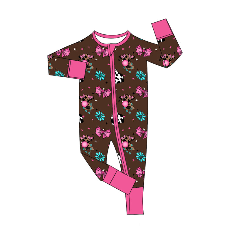 Preorder(moq 5)Baby Infant Boys Long Sleeves Cow Print Turquoise Zipper Rompers