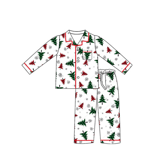 Preorder moq 5 Adult Men Long Sleeves Christmas Trees Pocket Button Top Pant Pajamas Set