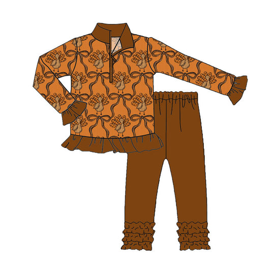 Preorder (moq 5)Baby Girls Brown Bows Turkey Plaid Zipper Pullovers Ruffle Leggings Thanksgiving Set